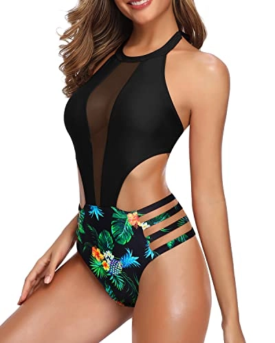 Attractive Cutout Strap Design Sexy One Piece Bathing Suit For Women-Black Pineapple