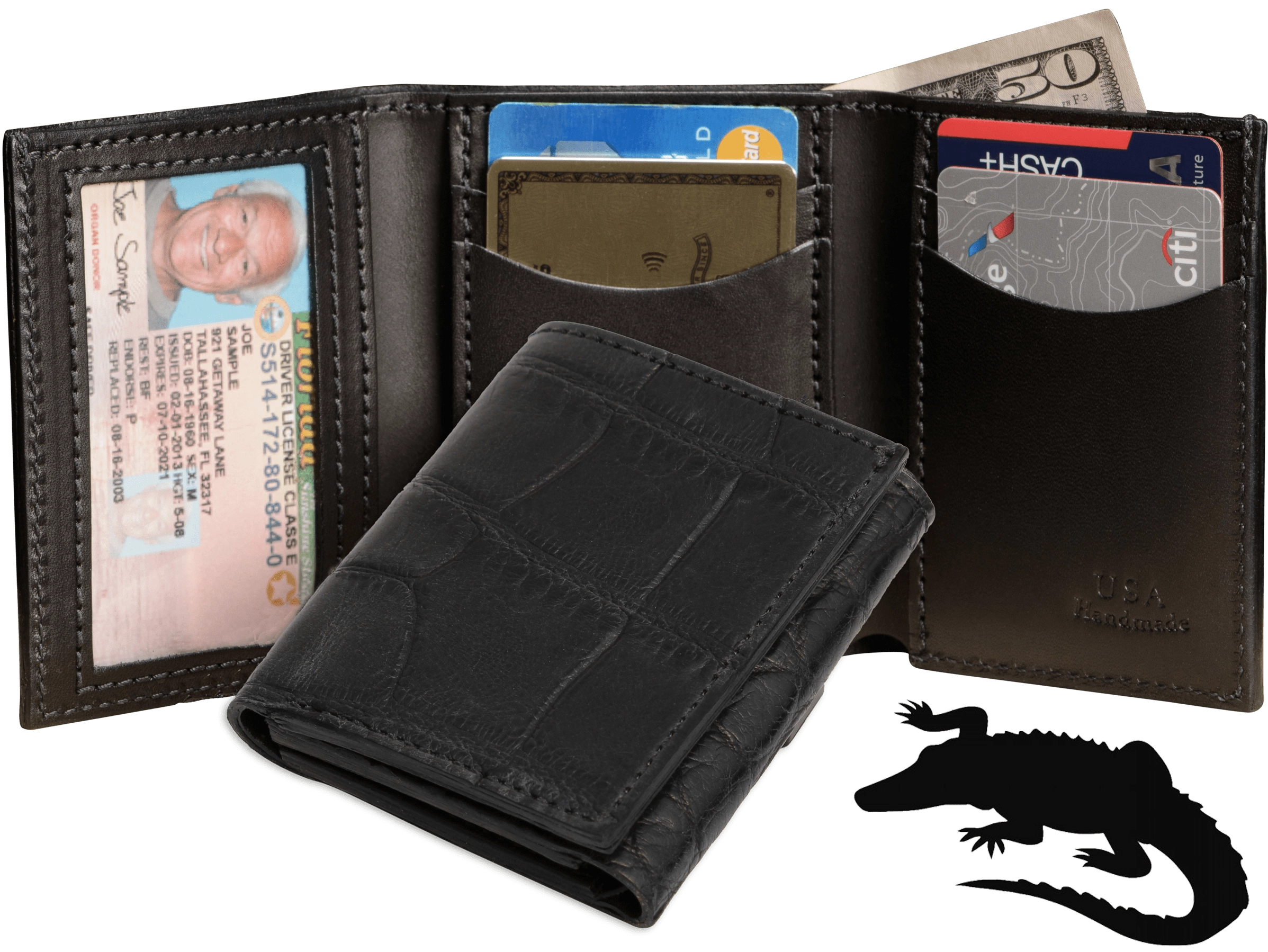 Black Alligator Luxury Designer Exotic Trifold Wallet With ID Window