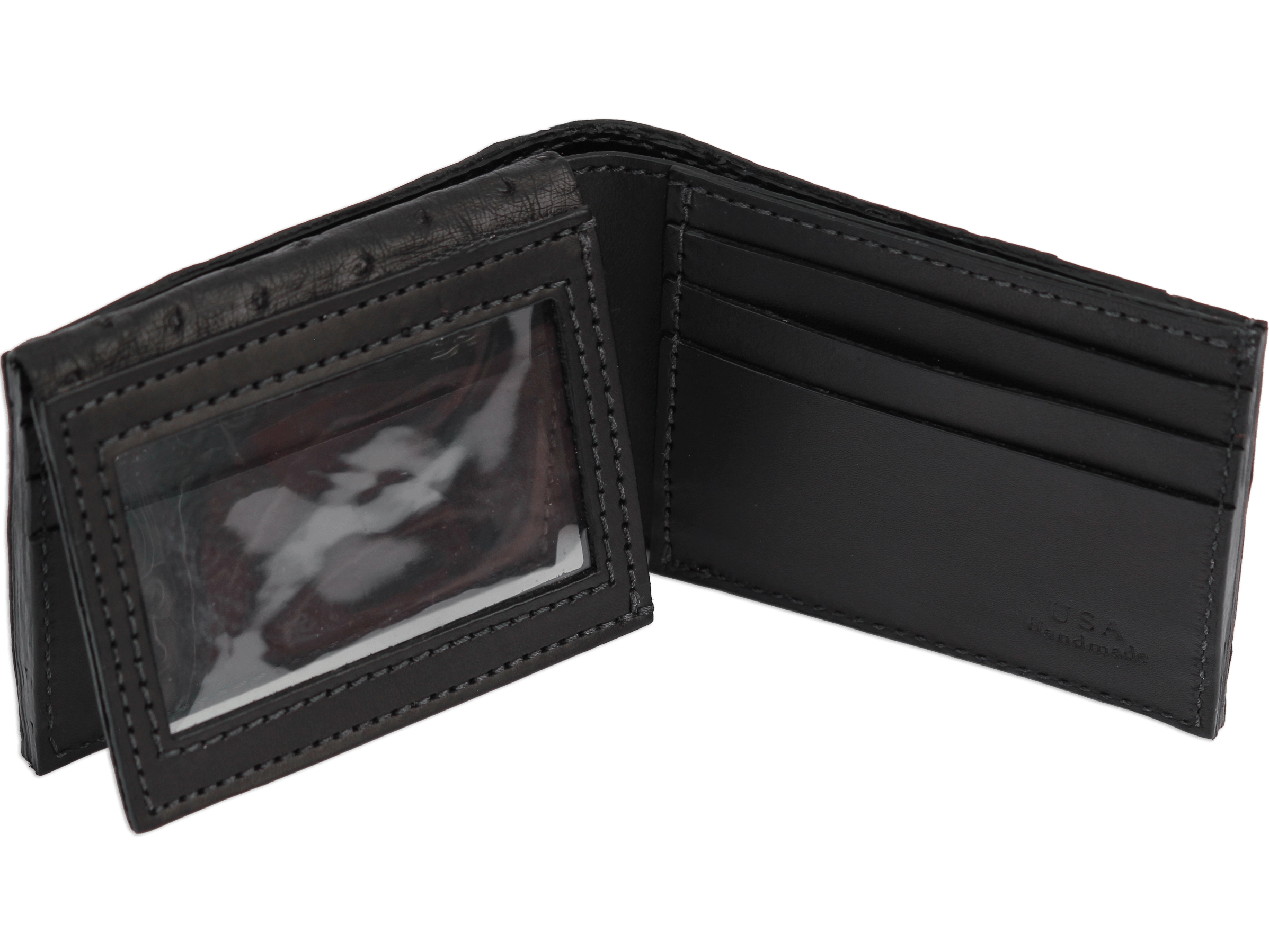 Black Ostrich Full Quill Luxury Designer Exotic Bifold Wallet With Flip Up ID Window