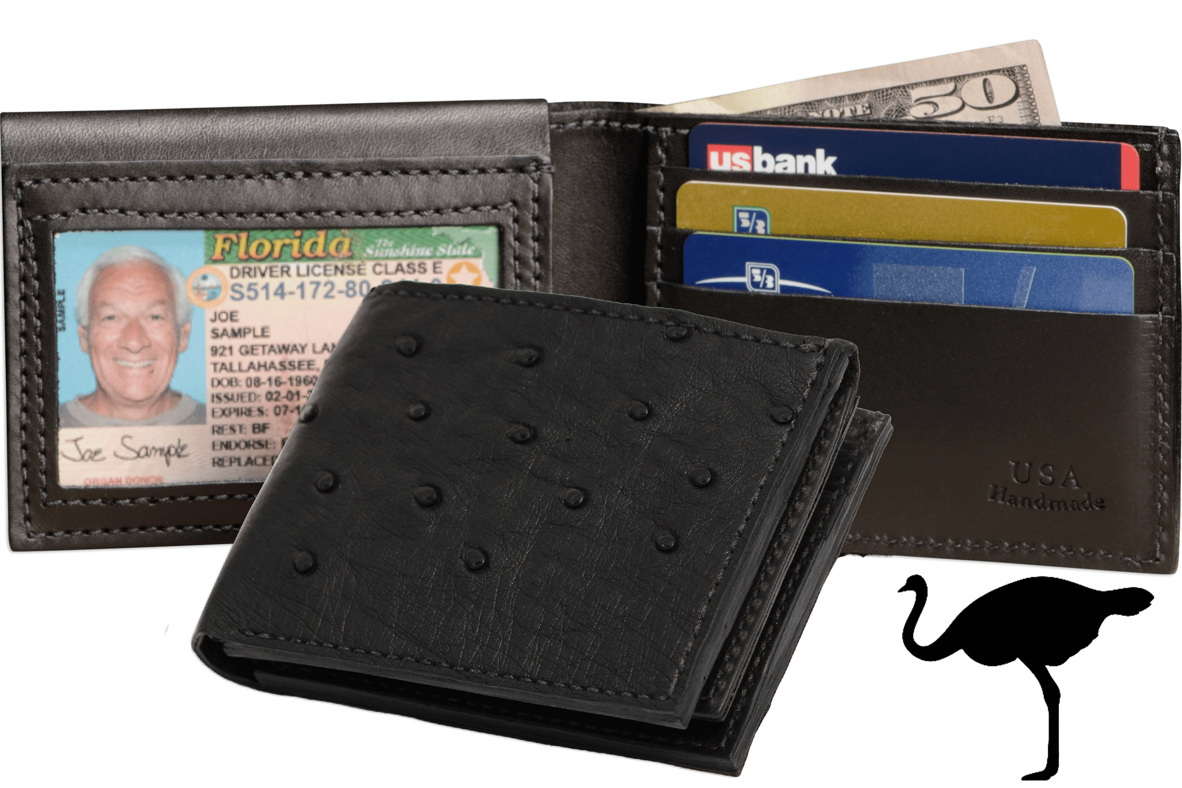Black Ostrich Full Quill Luxury Designer Exotic Bifold Wallet With Flip Up ID Window
