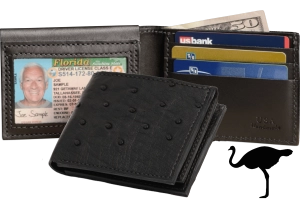 Black Ostrich Full Quill Luxury Designer Exotic Bifold Wallet With Flip Up ID Window