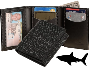 Black Suede Shark Luxury Designer Exotic Trifold Wallet With ID Window