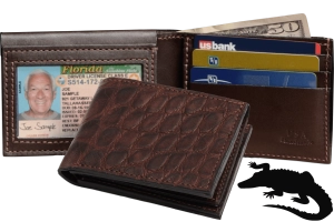 Brown Alligator Luxury Designer Exotic Bifold Wallet With Flip Up ID Window