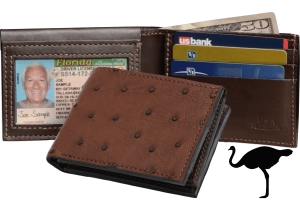 Brown Ostrich Full Quill Luxury Designer Exotic Bifold Wallet With Flip Up ID Window