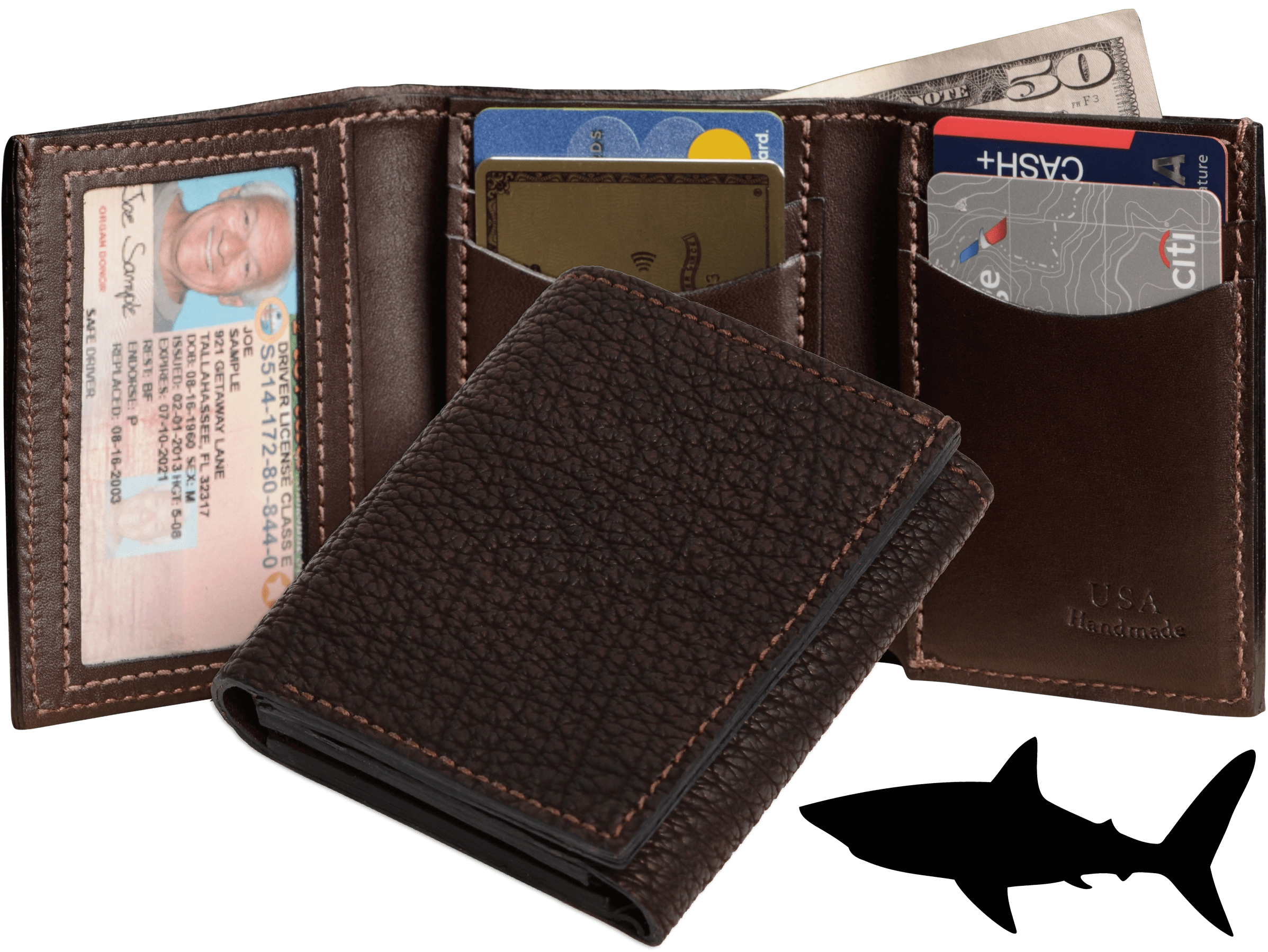 Brown Shark Luxury Designer Exotic Trifold Wallet With ID Window