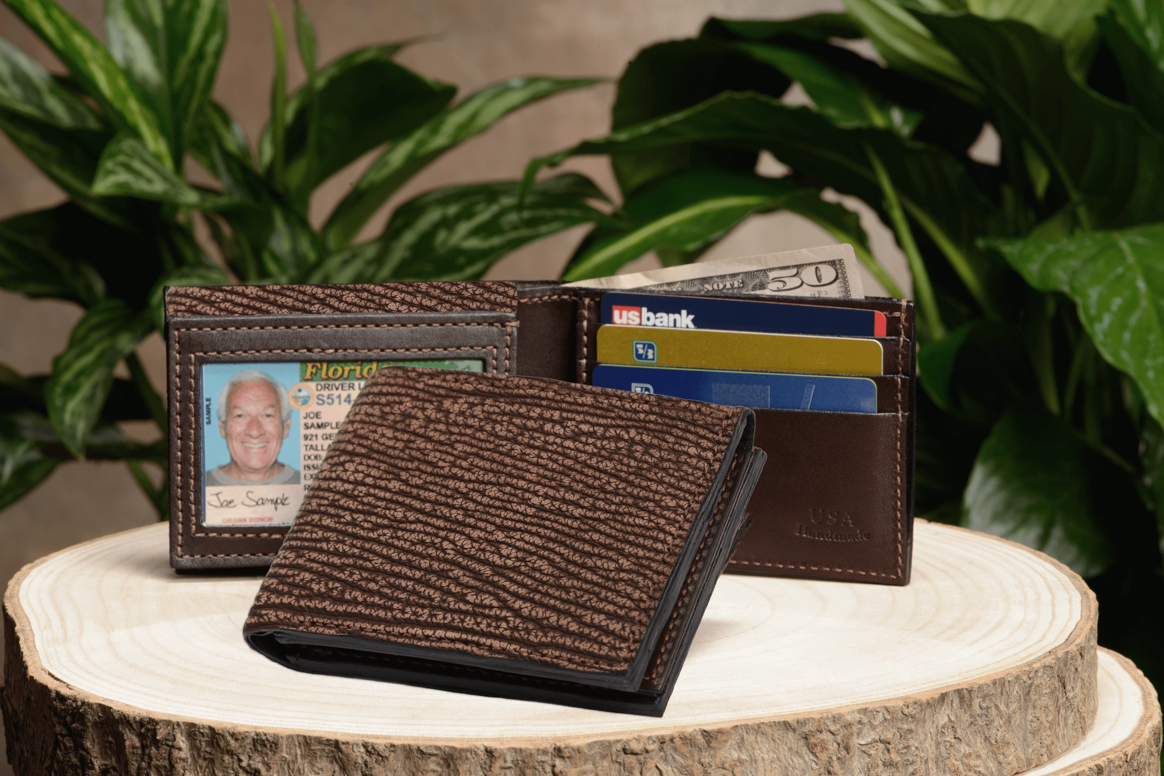 Brown Suede Shark Luxury Designer Exotic Bifold Wallet With Flip Up ID Window