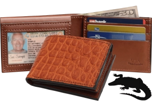 Cognac Alligator Luxury Designer Exotic Bifold Wallet With Flip Up ID Window