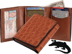 Cognac Alligator Luxury Designer Exotic Trifold Wallet With ID Window
