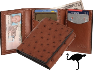 Cognac Ostrich Full Quill Luxury Designer Exotic Trifold Wallet With ID Window