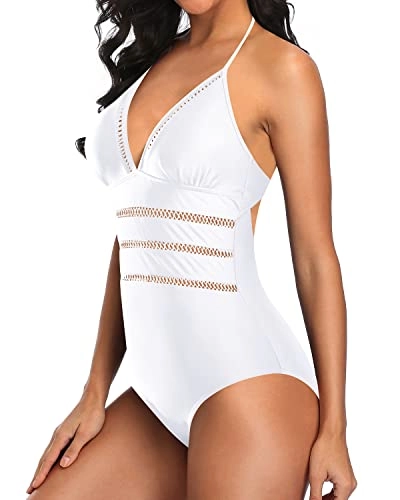 Crochet Lace Inserts Halter One Piece Swimsuits-White