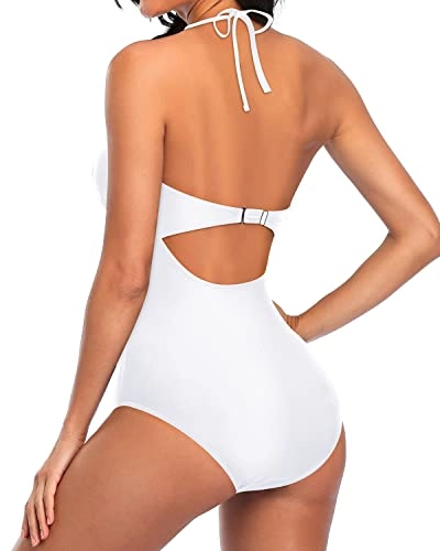 Crochet Lace Inserts Halter One Piece Swimsuits-White