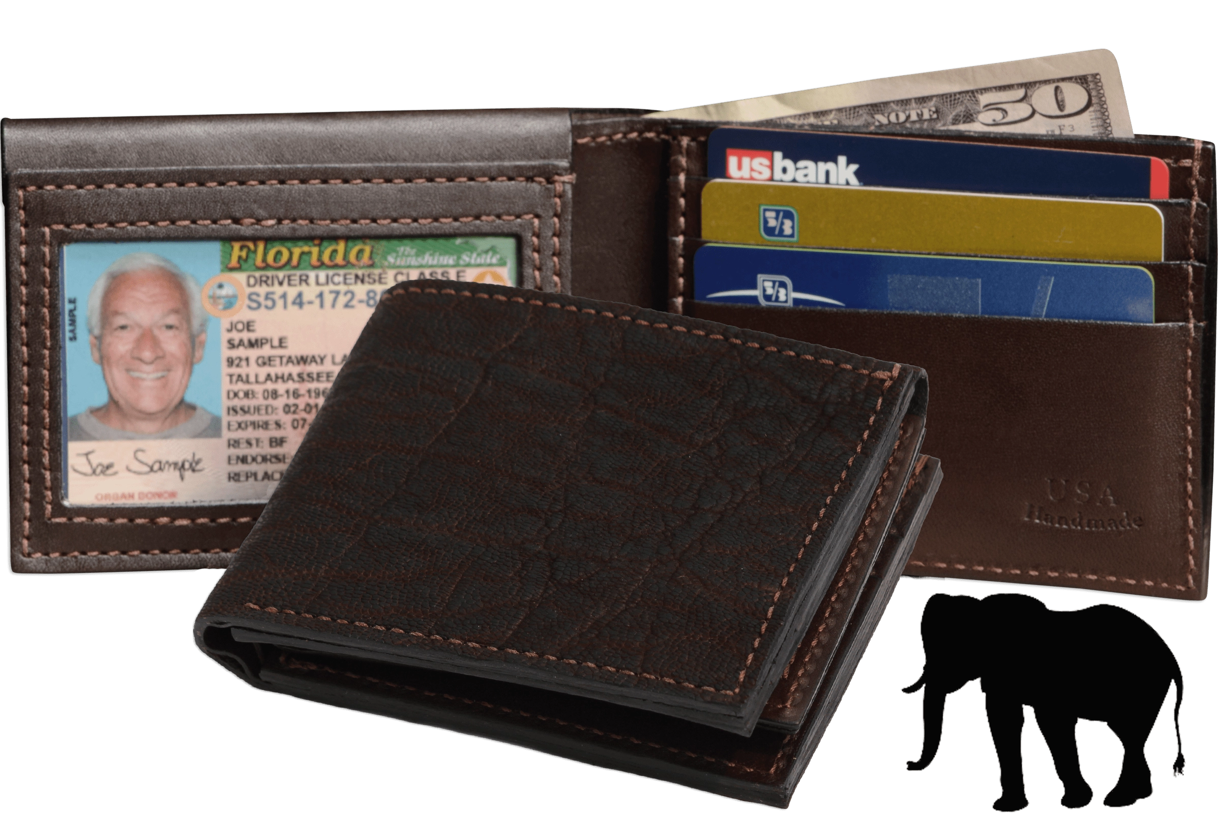 Dark Brown Elephant Luxury Designer Exotic Bifold Wallet With Flip Up ID Window