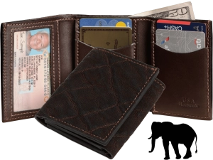 Dark Brown Elephant Luxury Designer Exotic Trifold Wallet With ID Window