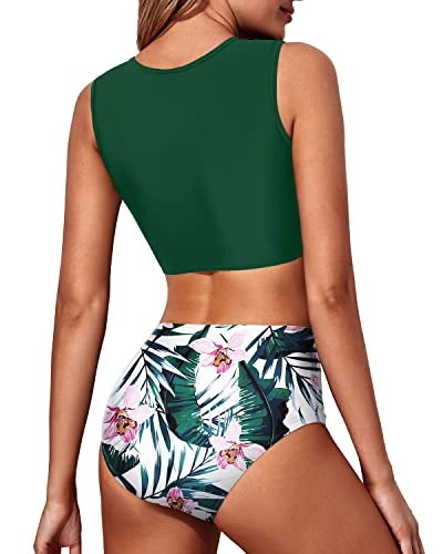 Elegant Lace High Waisted Tie Knot Front Women's 2 Piece Bathing Suit-Green Tropical Floral