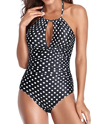 Elegant Open Back Swimsuits Black Halter Bathing Suits-Black Dot