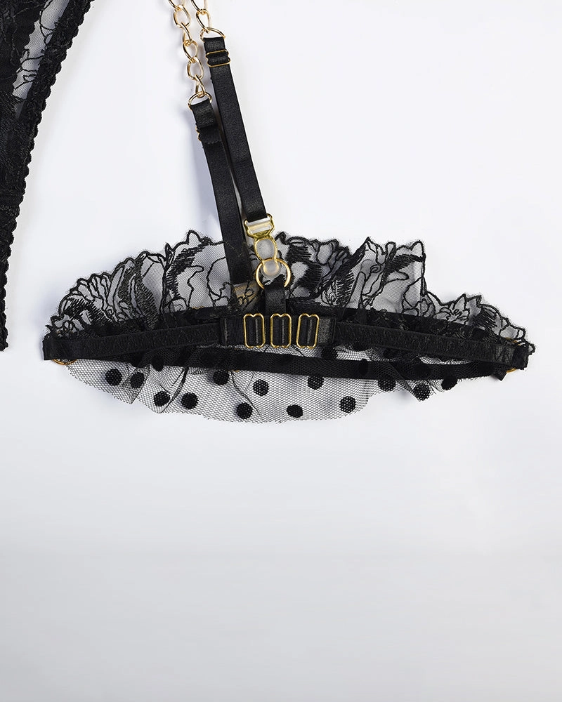 Embroidered Lace Lingerie Set With Chain