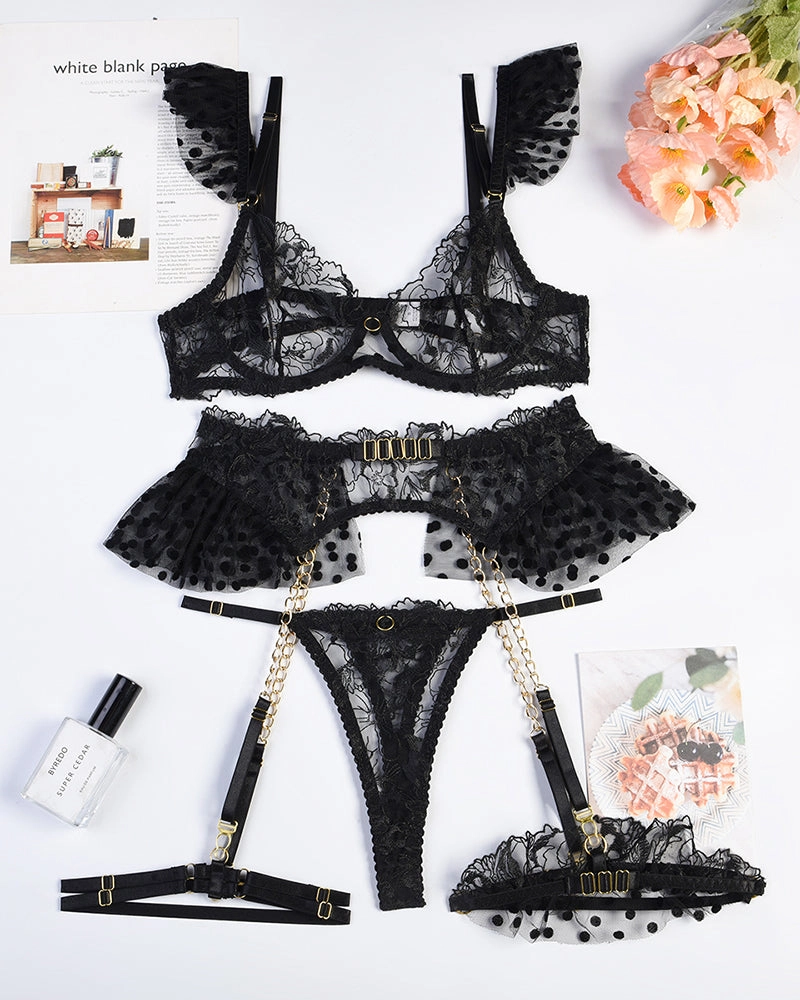 Embroidered Lace Lingerie Set With Chain