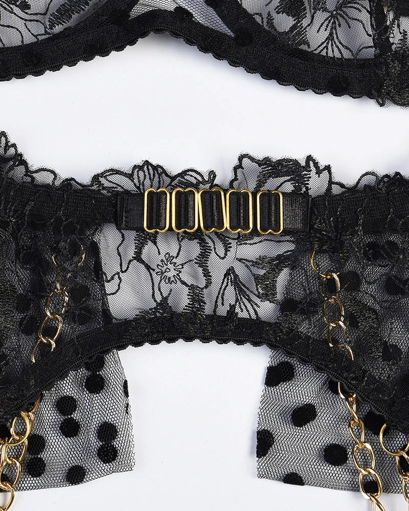 Embroidered Lace Lingerie Set With Chain