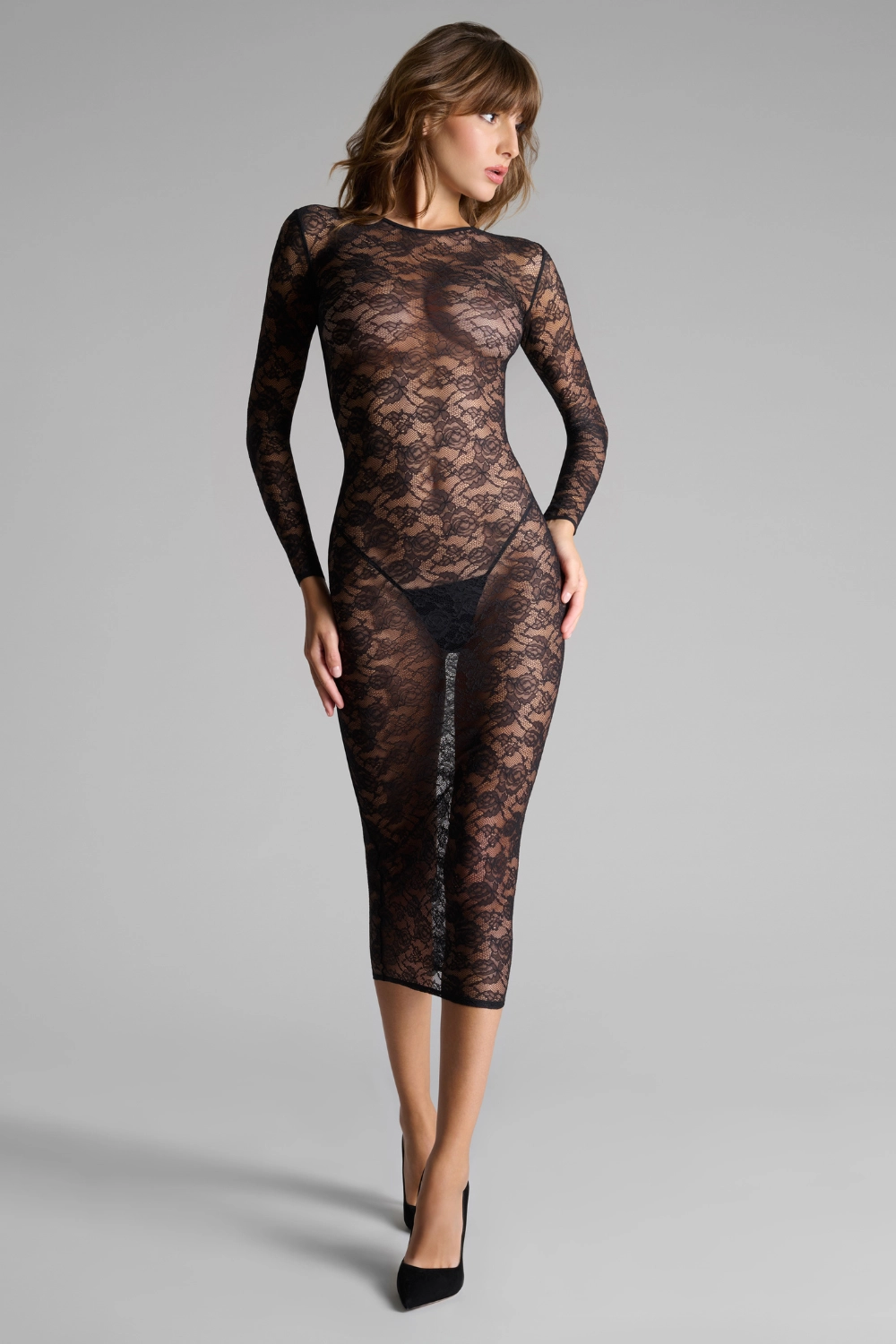 Flashback Lace Long Sleeve Midi Dress Black