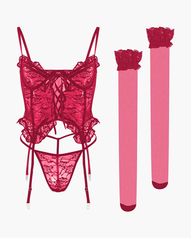 Floral Lace Underwire Lingerie Set & Stockings