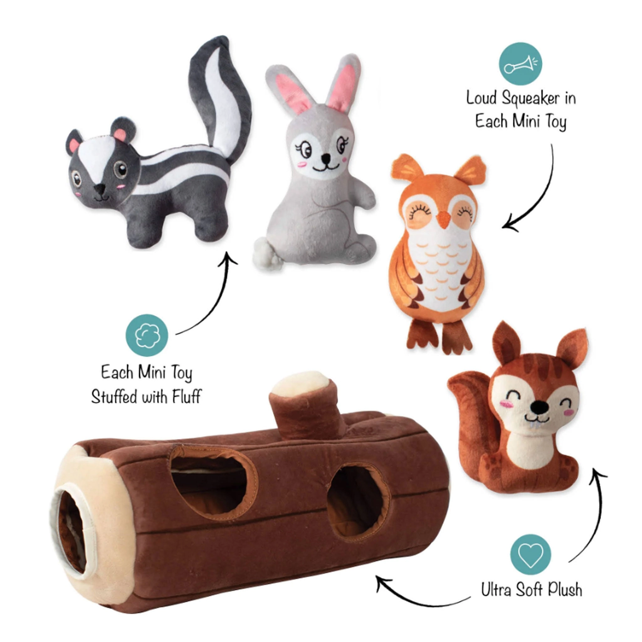 Fringe Log and Forest Animals Burrow Brown Dog Toys