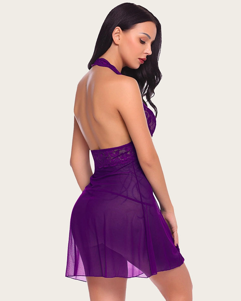 Halter Lace Babydoll Mesh V Neck Nightwear