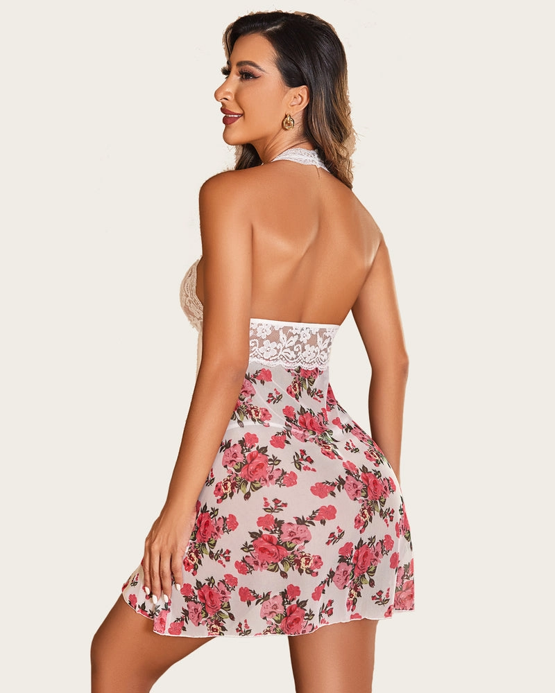 Halter Lace Babydoll Mesh V Neck Nightwear
