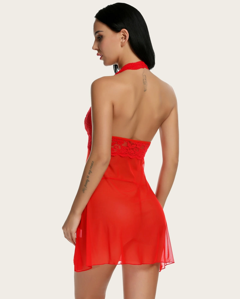 Halter Lace Babydoll Mesh V Neck Nightwear