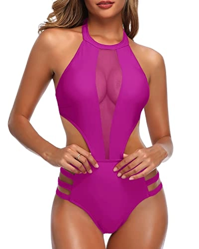 Halter Straps Tie Neck Hook Closure One Piece Monokini Swimwear-Hot Pink