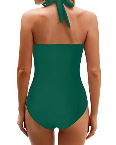 High Waisted Tummy Control Halter Backless Bathing Suits For Women-Emerald Green