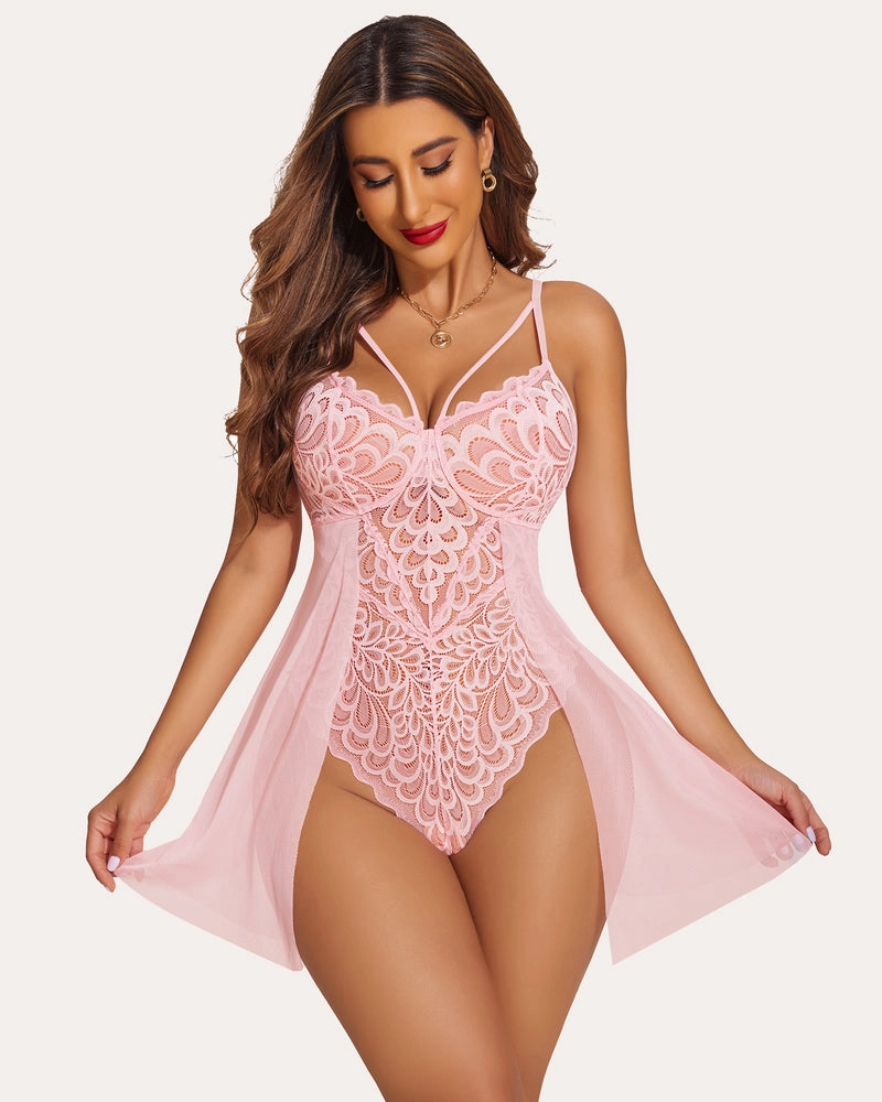 Lace Print Snap Crotch Teddy (DE Only)