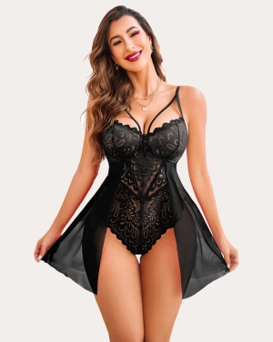 Lace Print Snap Crotch Teddy (DE Only)