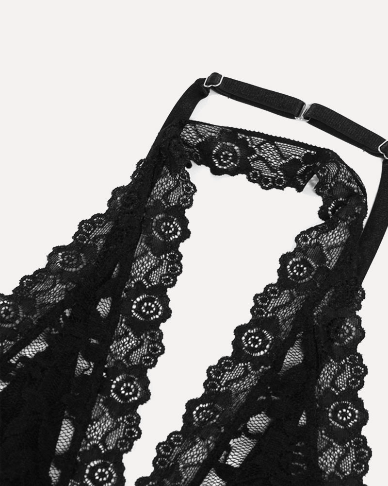 Plunge Neck Halter Lace Two-piece Set