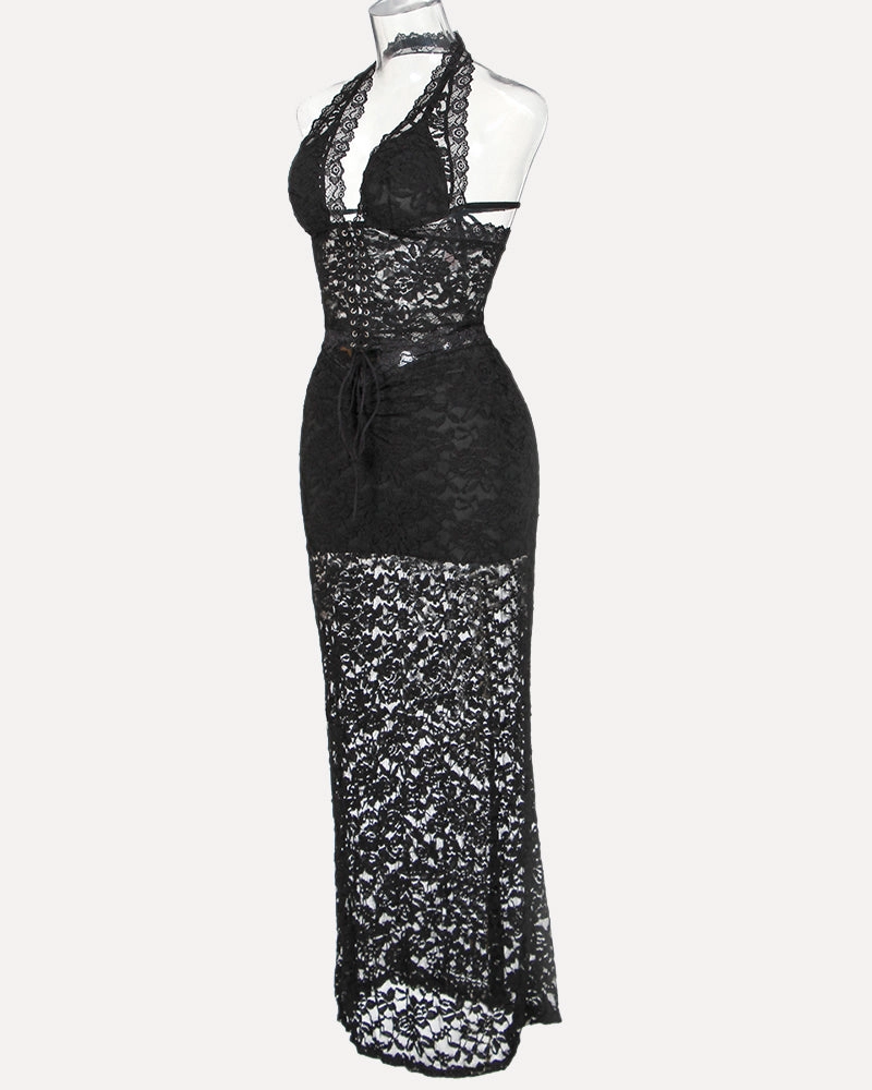 Plunge Neck Halter Lace Two-piece Set