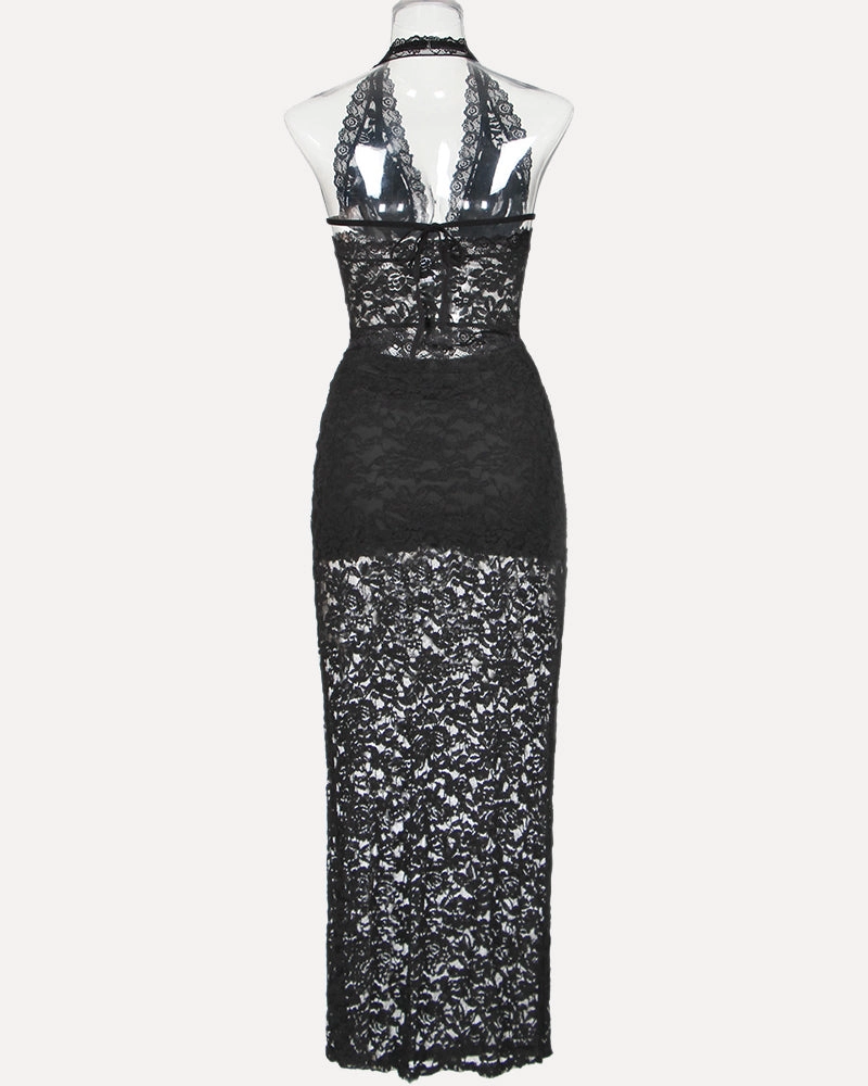 Plunge Neck Halter Lace Two-piece Set