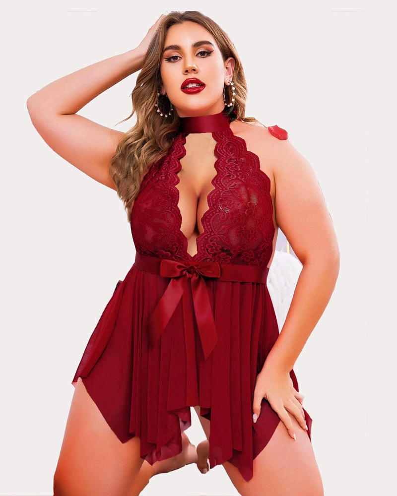 Plus Size Floral Lace High Waist Teddy Babydoll