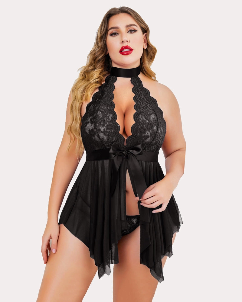 Plus Size Floral Lace High Waist Teddy Babydoll