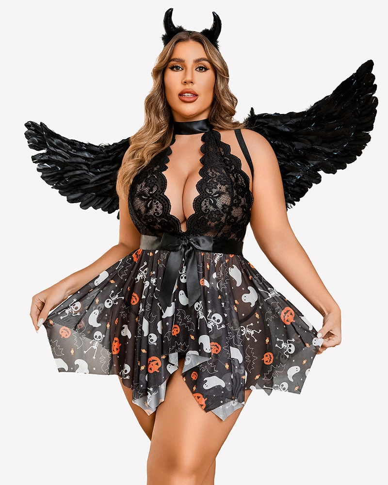 Plus Size Floral Lace High Waist Teddy Babydoll