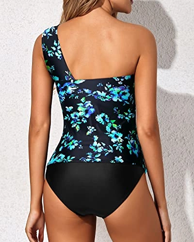 Ruched & Padded Bra Support Two Piece Tankini Bathing Suits For Women-Black Blue Floral