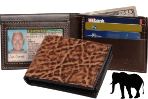 Rustic Brown Elephant Luxury Designer Exotic Bifold Wallet With Flip Up ID Window