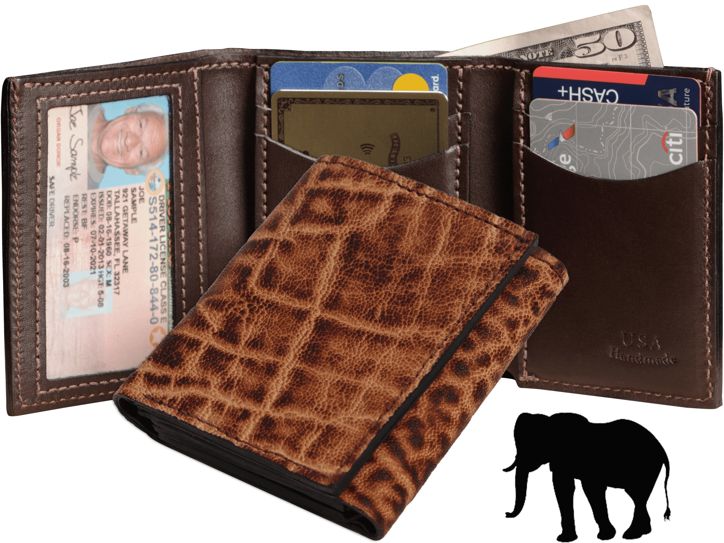 Rustic Brown Elephant Luxury Designer Exotic Trifold Wallet With ID Window