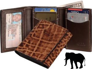 Rustic Brown Elephant Luxury Designer Exotic Trifold Wallet With ID Window