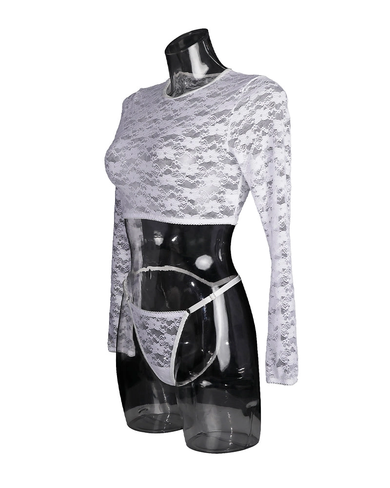See-through Long Sleeve Lace Blouse Set