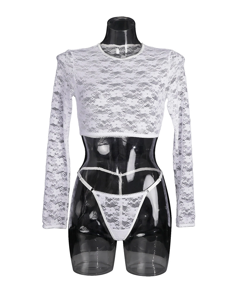 See-through Long Sleeve Lace Blouse Set
