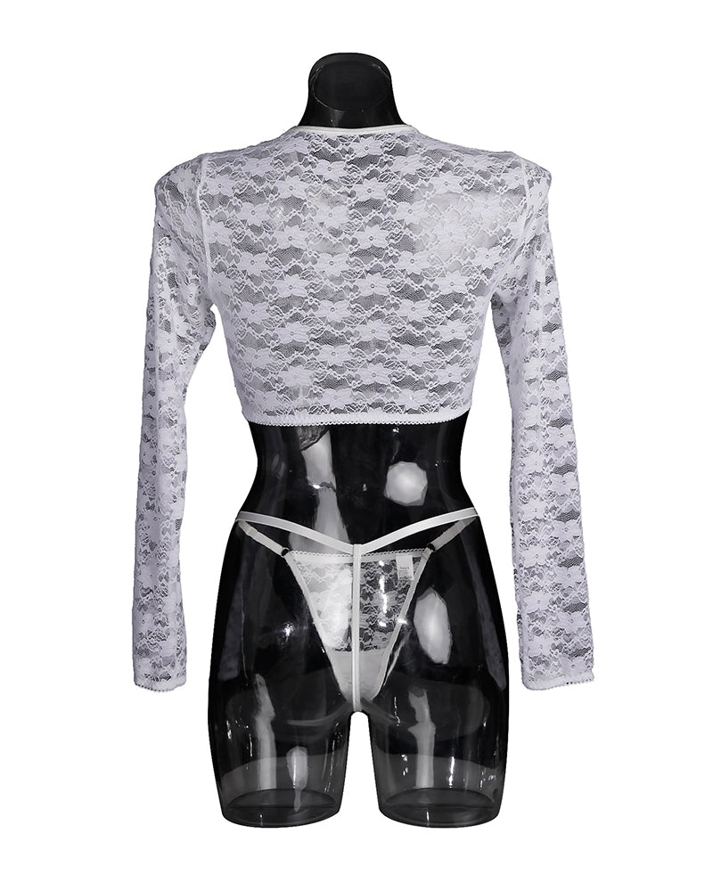 See-through Long Sleeve Lace Blouse Set