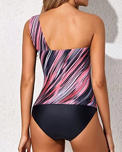 Sexy Asymmetrical Tankini Top 2 Piece Tankini Bathing Suits For Women Shorts-Pink Stripe
