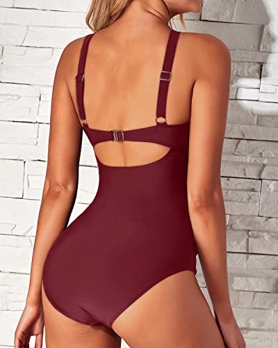 Sexy Contoured Curves One Piece Front Cross Keyhole Swimsuits-Maroon