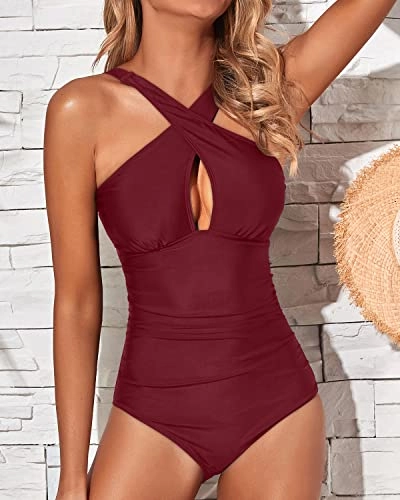 Sexy Contoured Curves One Piece Front Cross Keyhole Swimsuits-Maroon