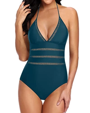 Sexy Hollow Out Crochet Lace One Piece Swimsuit-Teal