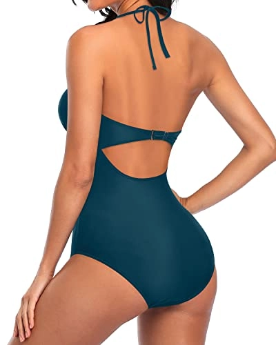 Sexy Hollow Out Crochet Lace One Piece Swimsuit-Teal